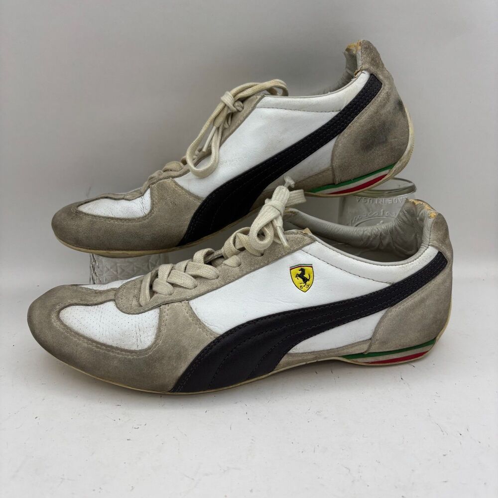 Puma Ferrari Men's 9.5 Leather Suede Driving Shoes Italian Flag White Black